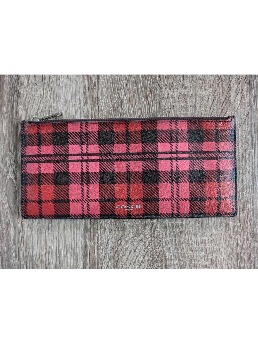Coach Red Black Plaid Zip Pouch Wallet Clutch Travel Minimalist